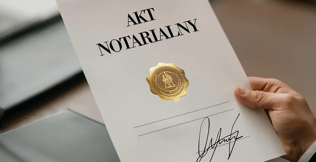 Dłoń trzyma dokument "Akt Notarialny" z pieczęcią i podpisem.