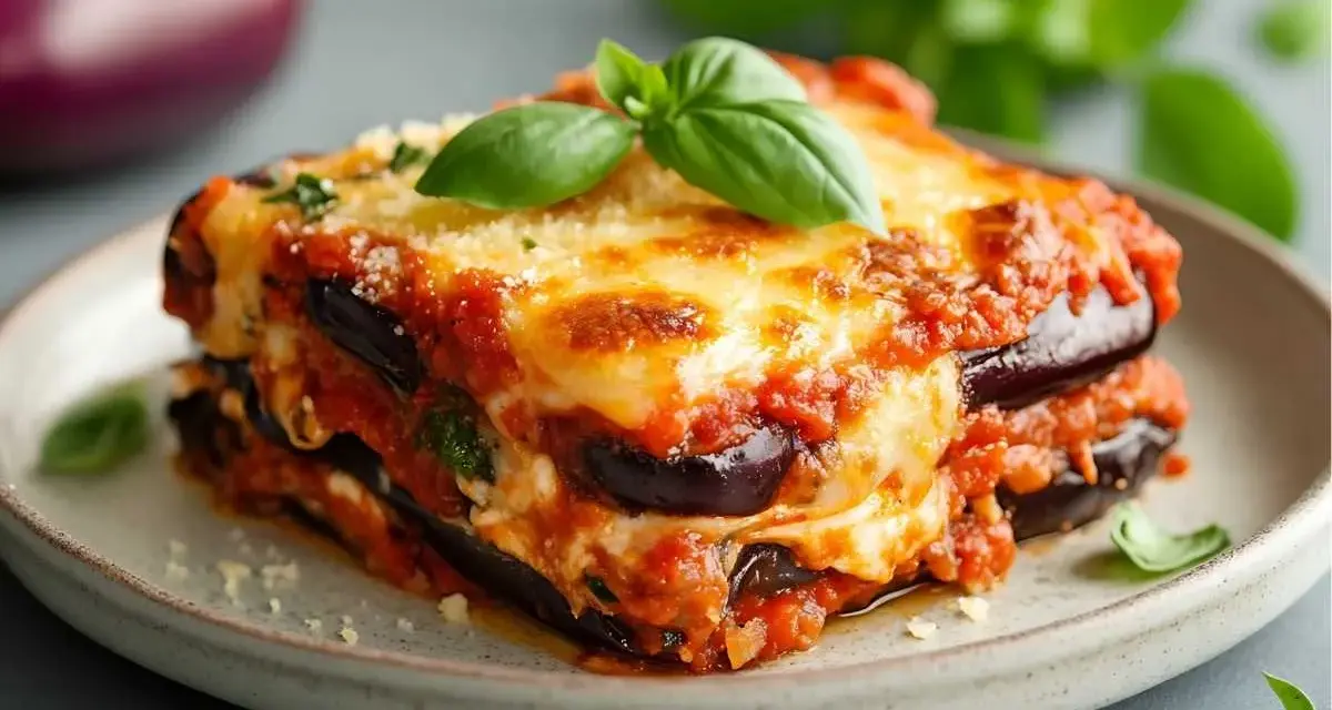 Porción de berenjenas a la parmesana, con capas de berenjena, salsa de tomate y queso derretido, decorada con albahaca fresca.