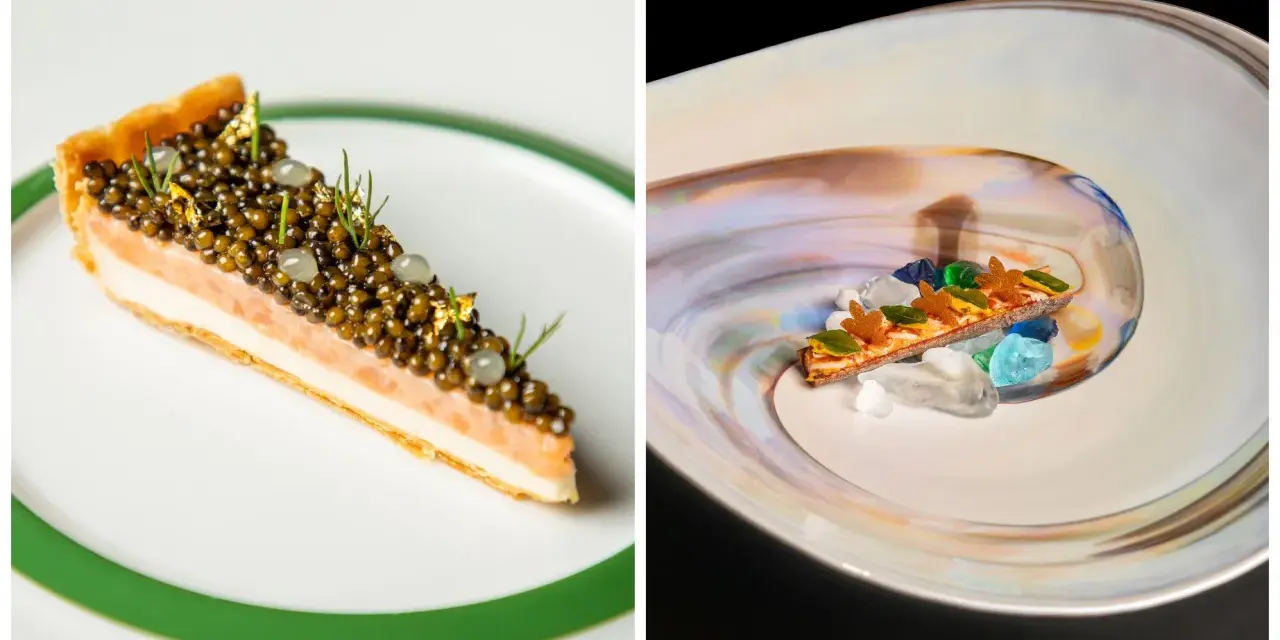 Pastel de salmón con caviar y oro, y un postre artístico con cristales de colores. Platos que evocan lo que significan las estrellas Michelin: excelencia culinaria.