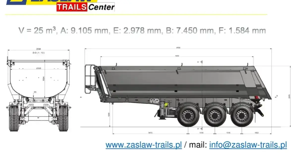 Rysunek techniczny naczepy Zasław. Wymiary: V=25 m³, A=9105 mm, E=2978 mm. Wysokość naczepy tira to 2,978 m.