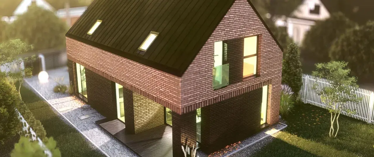 Nowoczesny dom z cegły, z dużymi oknami i dachem pokrytym dachówką. Wokół zadbany ogród z białym płotem. Idealne gunb darmowe projekty dla Twojego wymarzonego domu.