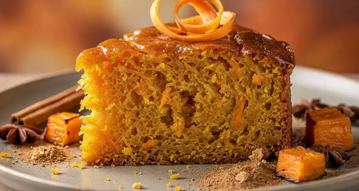 Tranche de gâteau moelleux à la carotte, décorée d'une spirale d'orange. Un délice gourmand, ce gâteau sans sucre est parsemé d'épices et de morceaux de citrouille.