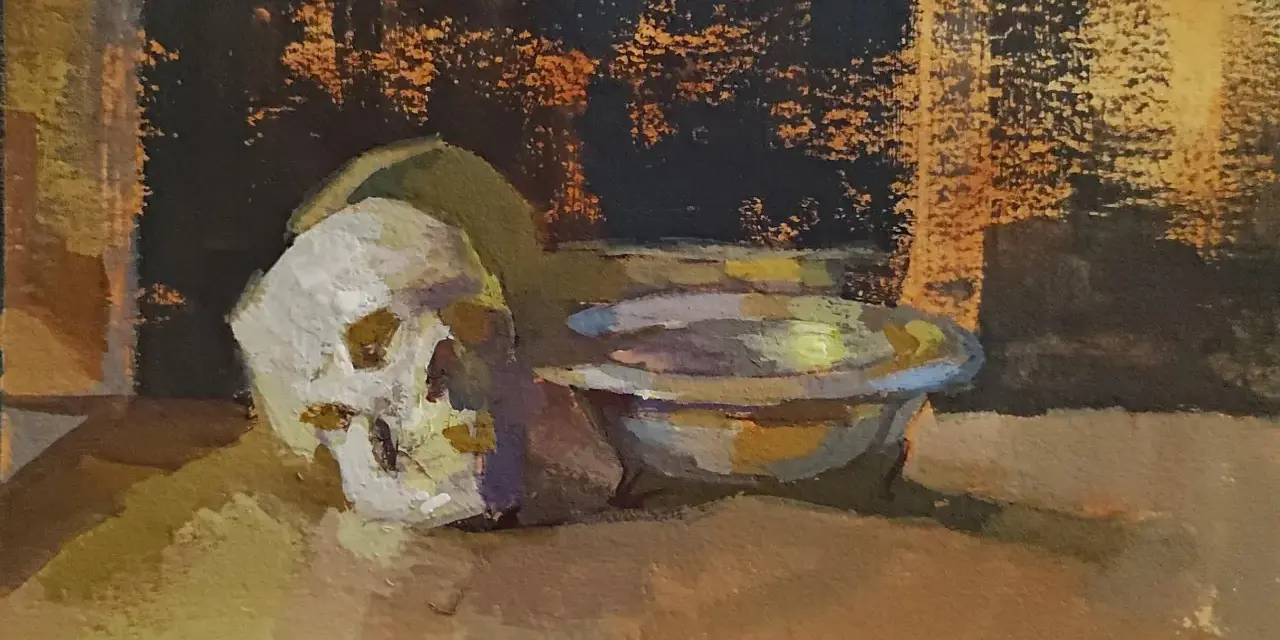 En gouache målning av ett skalle och en skål. Bakgrunden är mörk med orangea och gula toner.