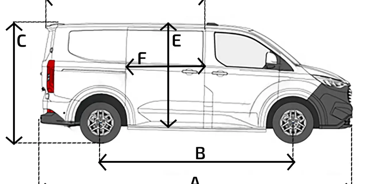 Schematyczny rysunek Forda Transita Custom z wymiarami: A, B, C, D, E, F. Idealny do planowania przestrzeni ładunkowej.