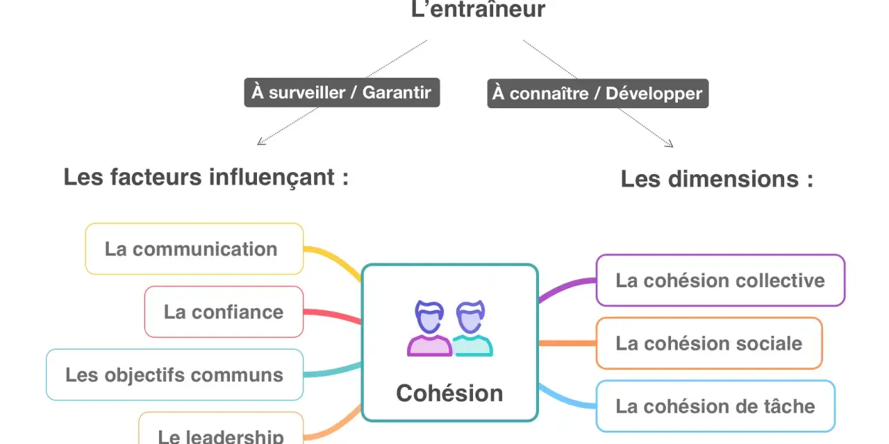 Schéma sur la cohésion d'équipe, ses facteurs (communication, confiance, objectifs, leadership) et ses dimensions (collective, sociale, tâche). Idéal pour relever des défis sportifs rigolos !