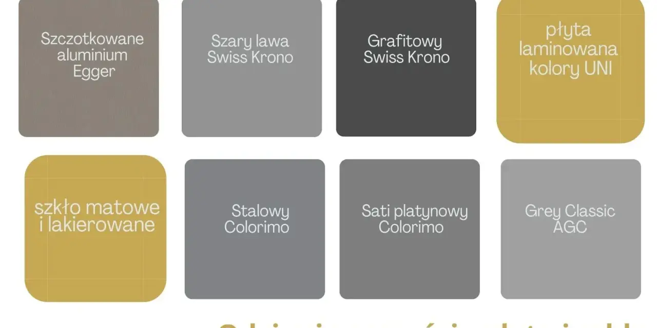 Kolekcja Komandor prezentuje odcienie szarości: szczotkowane aluminium, szary lawa, grafitowy, płyta laminowana, szkło matowe, stalowy, sati platynowy i Grey Classic.