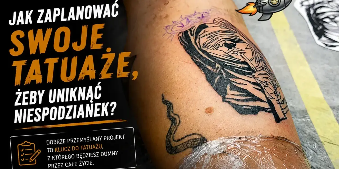 Unikaj głupich tatuaży! Planowanie jest kluczem do tatuażu, z którego będziesz dumny przez całe życie. Na ramieniu widać nowy tatuaż w trakcie pracy.