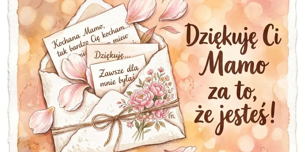 Piękna kartka z kopertą, kwiatami i listami, pełna ciepłych słów: "Dziękuję Ci Mamo za to, że jesteś!". Idealne na wyjątkowe życzenia urodzinowe dla mamy.