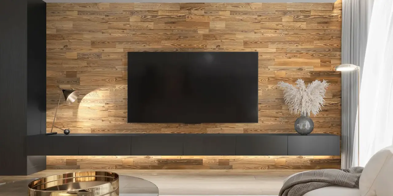 Un salon moderne avec un mur en bois chaleureux servant de **déco derrière télé**. Un meuble bas suspendu et une lampe design complètent l'ensemble.