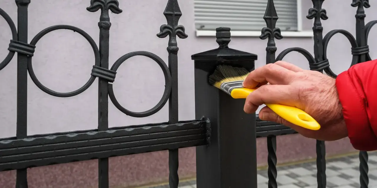 Ręka w czerwonej kurtce maluje pędzlem czarną, kutą balustradę balkonu w bloku.