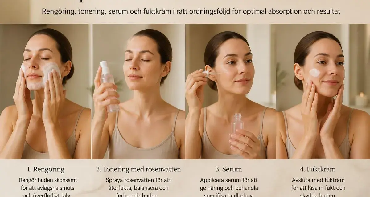Kvinnor utför en hudvårdsrutin: rengöring, applicering av rosenvatten, serum och fuktkräm.