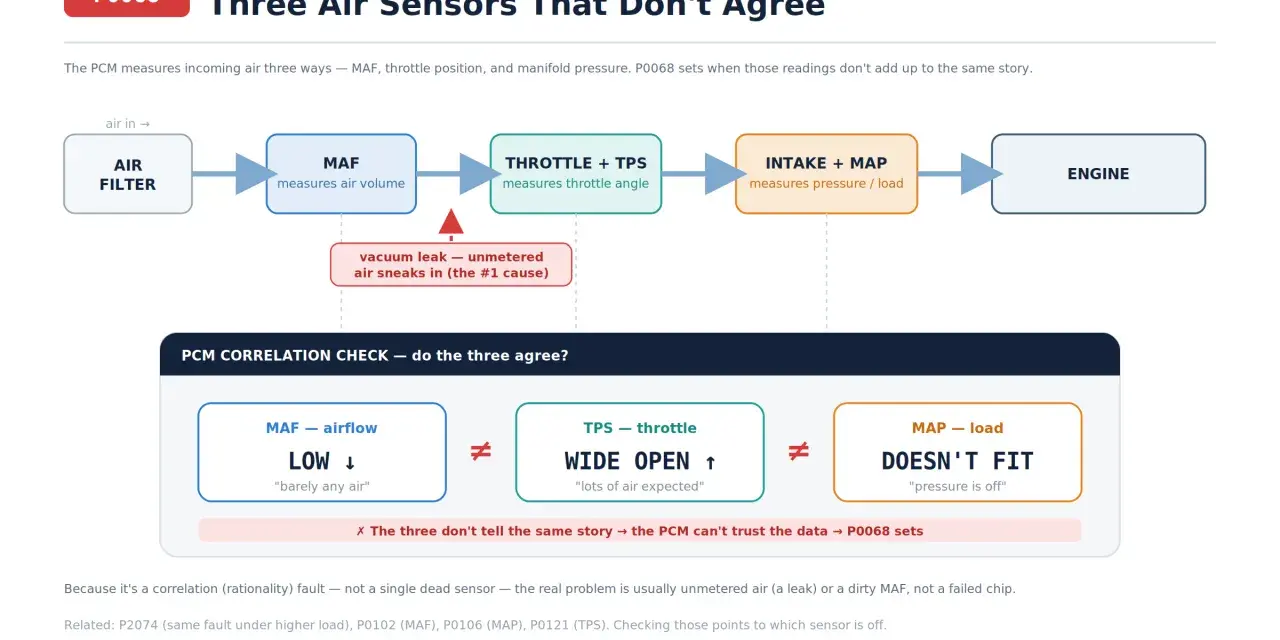 P0068 code: Three air sensors disagree. MAF shows low airflow, TPS wide open, MAP doesn't fit. PCM can't trust data.
