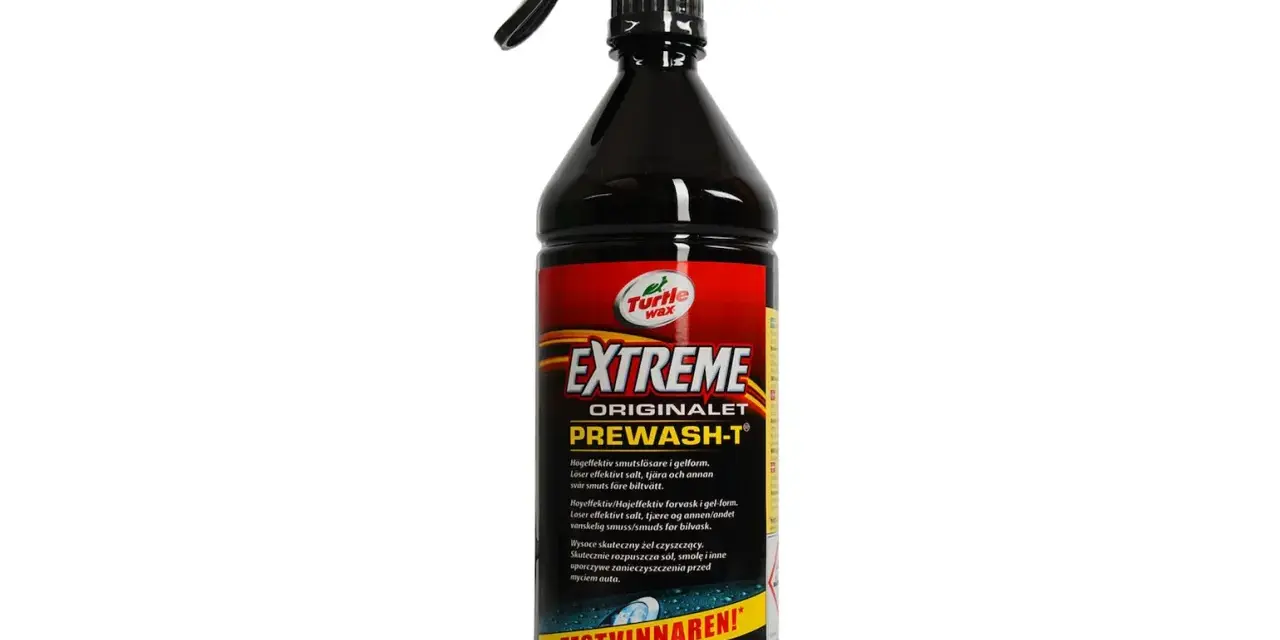En flaska Turtle Wax Extreme Originalet Prewash-T, en högeffektiv gel för att lösa upp salt, tjära och annan svår smuts före biltvätt.