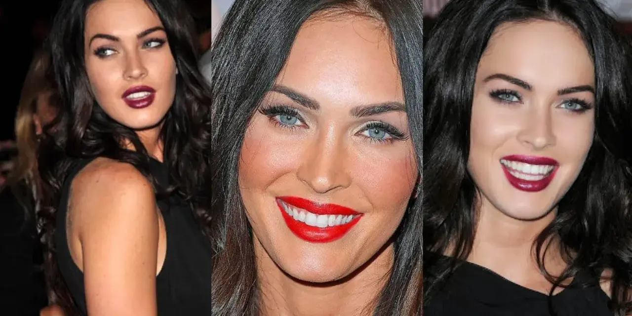 Megan Fox con labbra rosse e blu elettrico, un look da inverno armocromia che esalta il suo fascino.