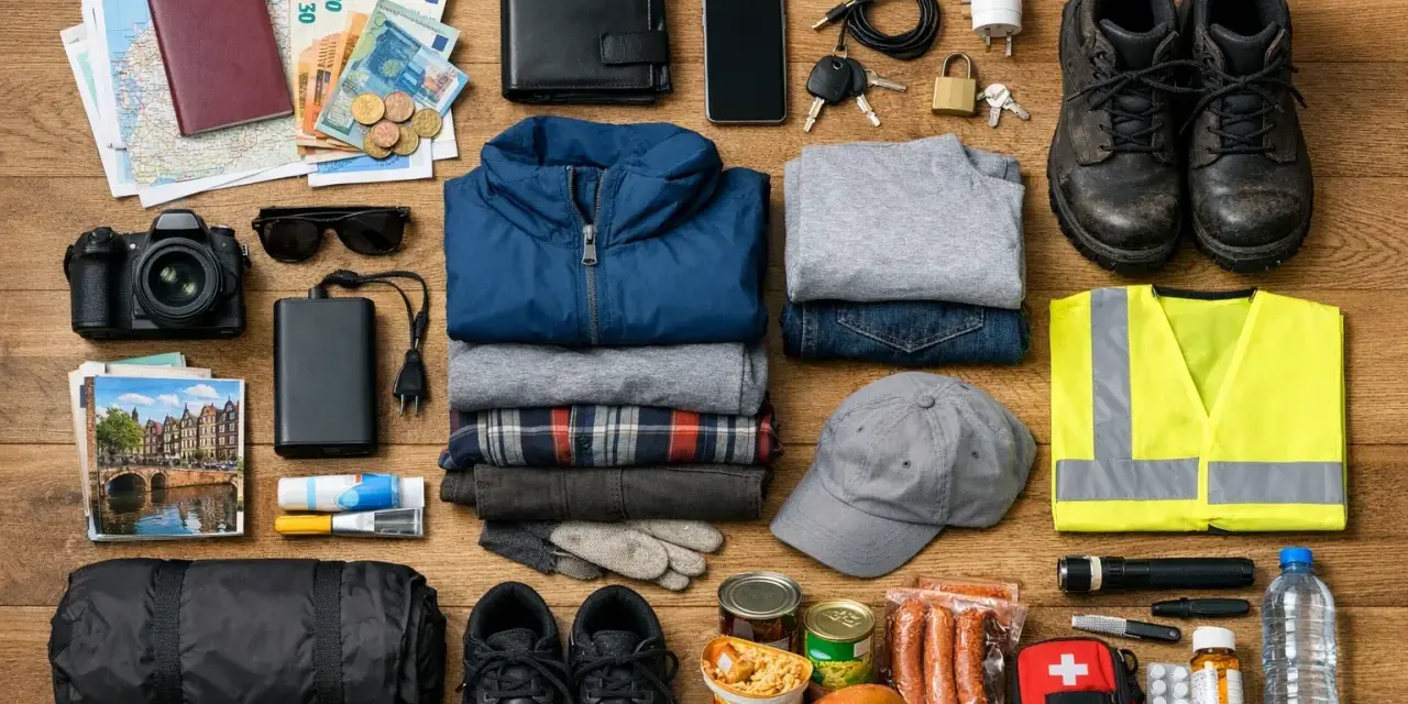 Zestaw podróżny: mapa, paszport, pieniądze, aparat, powerbank, ubrania, buty, czapka, kamizelka odblaskowa, latarka, apteczka, jedzenie. solutions recruitment bv.