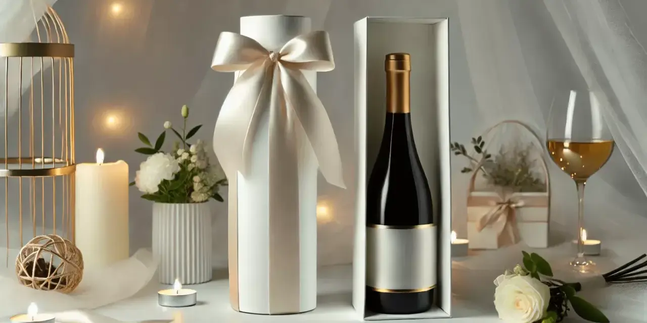 Eleganckie opakowanie na wino na ślub, z satynową wstążką i złotymi detalami. Idealne, by dowiedzieć się, jak zapakować wino na ślub.