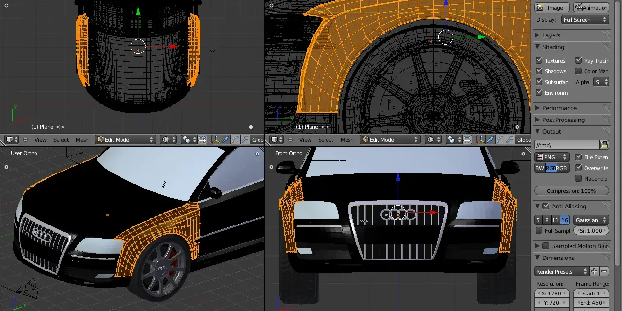 Program do projektowania samochodów 3D, widok siatki Audi A8 w Blenderze.