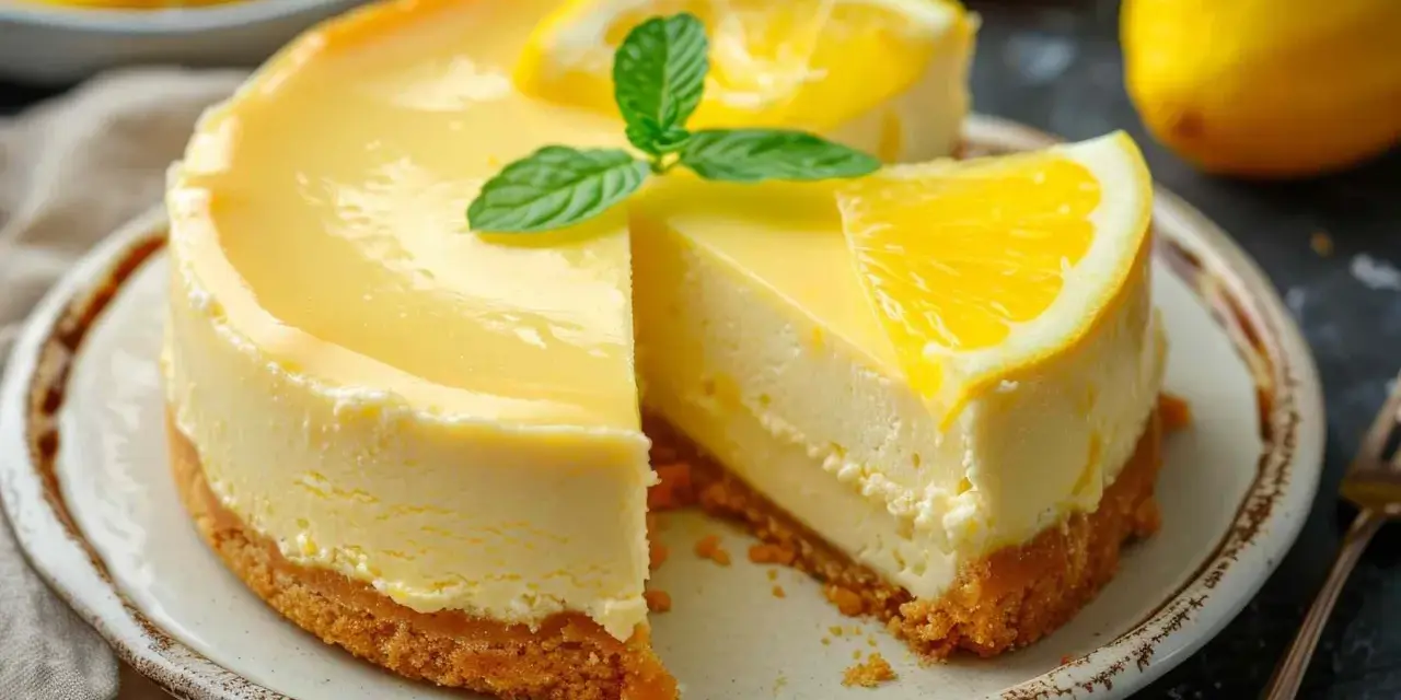 Delicioso mousse de limón con base de galleta, decorado con rodajas de limón y hojas de menta.