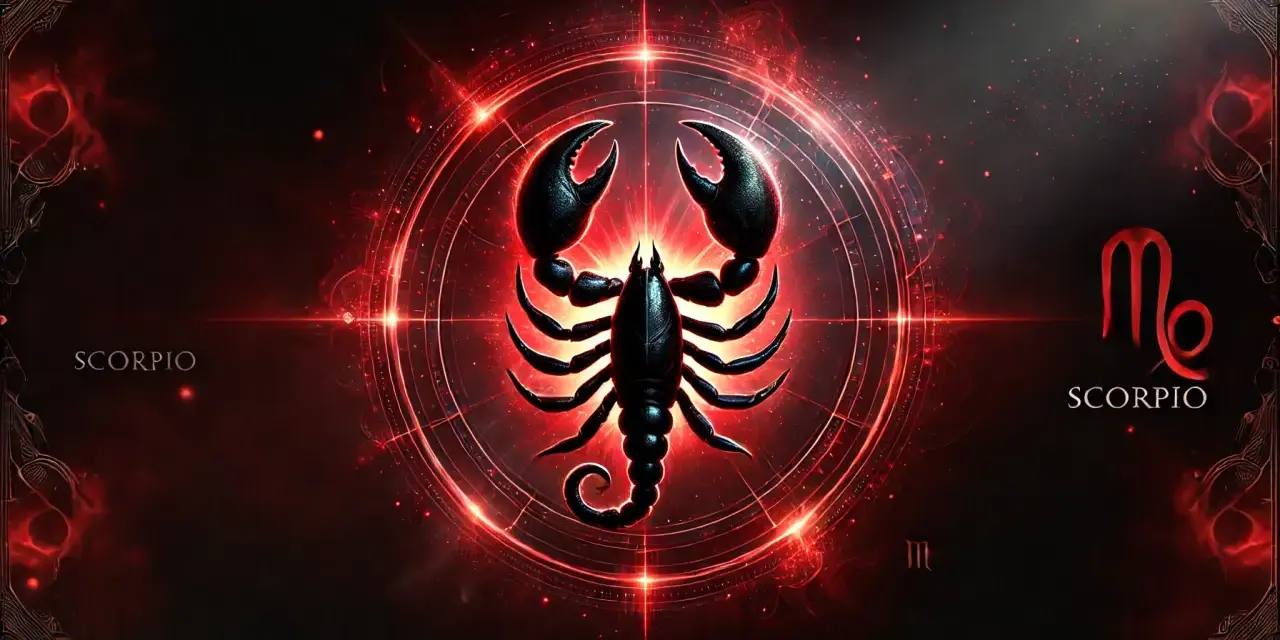 Mroczny skorpion w centrum, otoczony neonowym blaskiem i astrologicznymi symbolami. To znak zodiaku Skorpion, sugerujący silny ascendent w skorpionie.