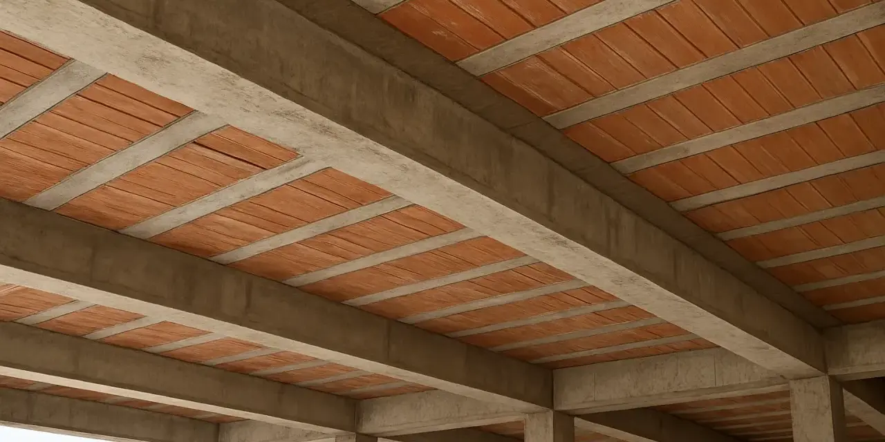Widok na betonowe belki i pustaki ceramiczne, ukazujący różne rodzaje stropów w budowie.