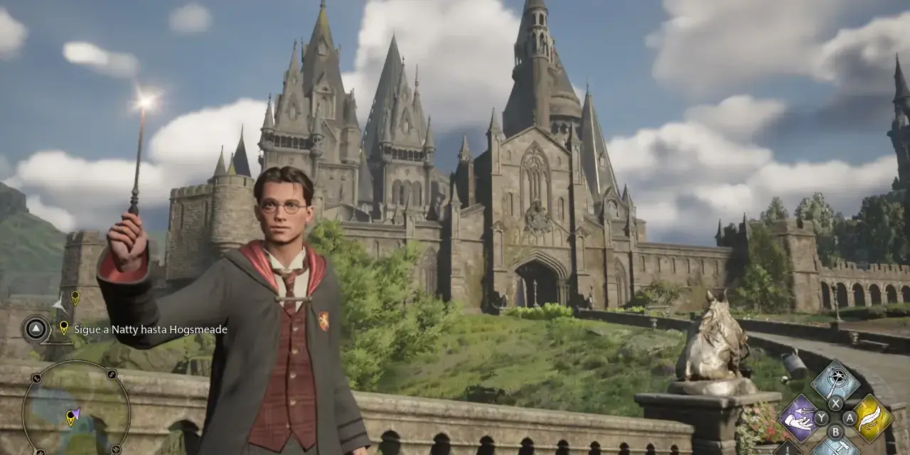 Estudiante con varita mágica frente al castillo de Hogwarts en Hogwarts Legacy Switch 2.