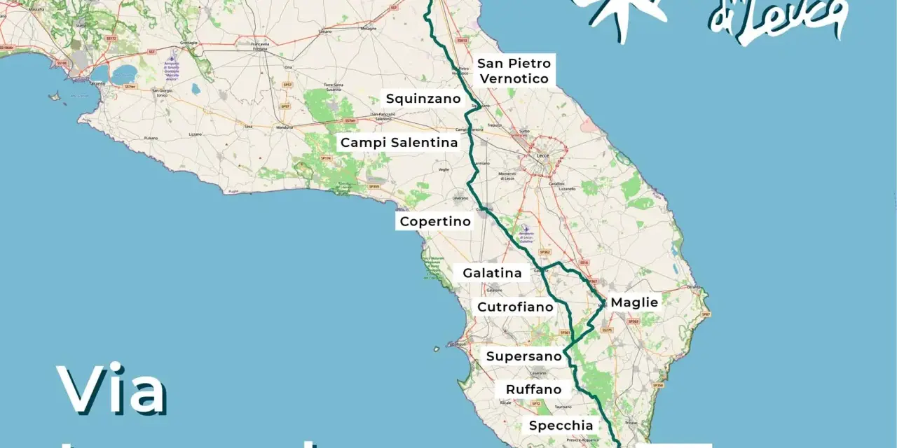 Mappa della Via Francigena del Sud, che attraversa la Puglia da Brindisi fino a De Finibus Terrae, toccando località come Lecce e Alessano.