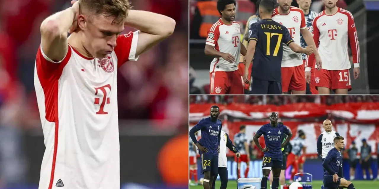 Jugadores de Madrid y Bayern en el campo. Un jugador del Bayern se lleva las manos a la cabeza.