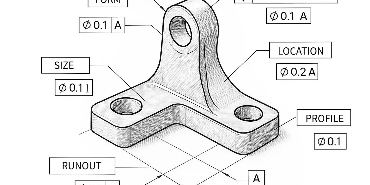 Rysunek techniczny z symbolami GD&T: FORM, SIZE, ORIENTATION, LOCATION, PROFILE, RUNOUT. Precyzyjne wymiary i tolerancje dla części.