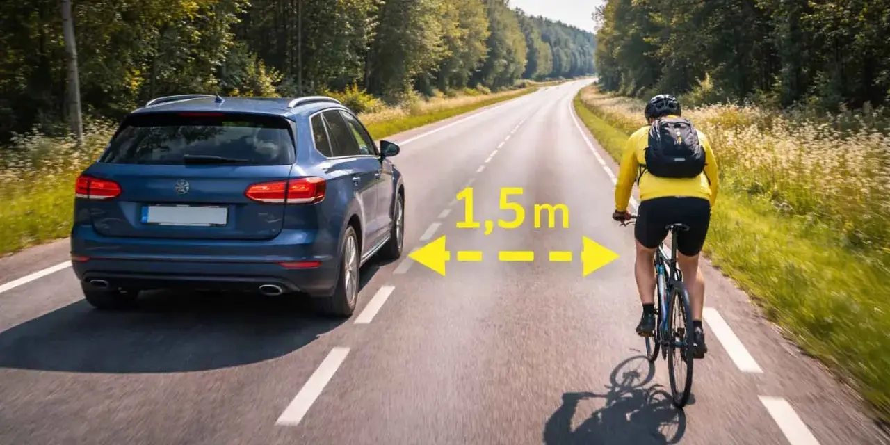 En bil kör nära en cyklist på en landsväg i Sverige. Texten "1,5m" indikerar avståndet mellan dem.