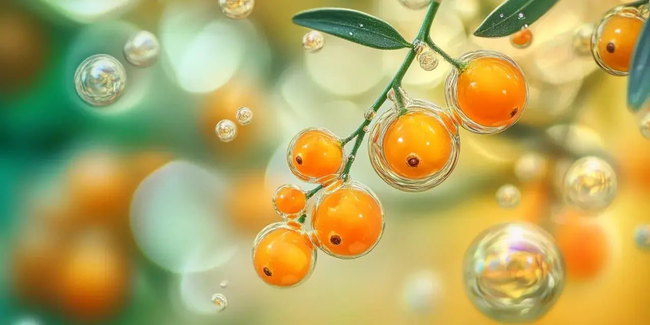 Baies d'argousier riches en oméga 7, entourées de bulles lumineuses, évoquant la pureté et la vitalité.