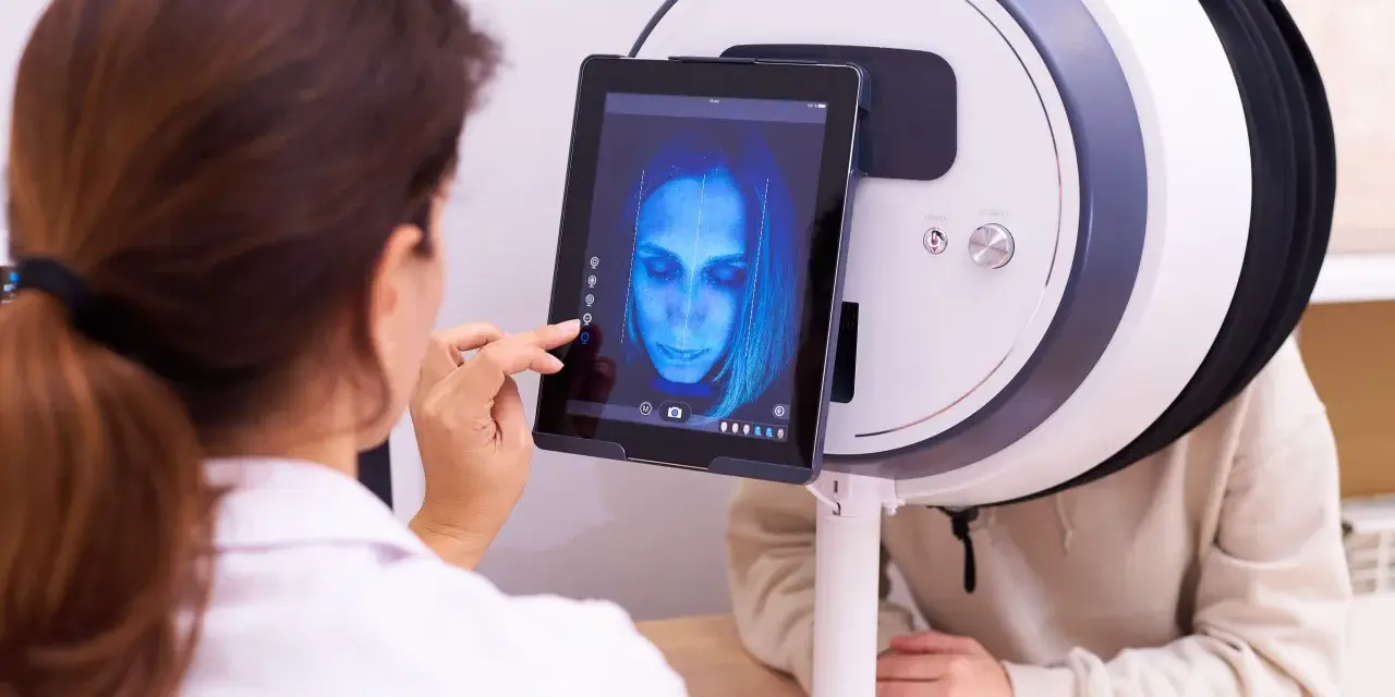 Lekarz analizuje obraz twarzy pacjenta na tablecie, wykorzystując zaawansowane urządzenie do diagnostyki chorób skóry.