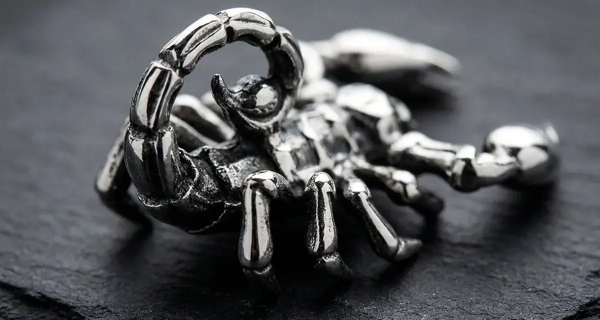 Metalowy skorpion, symbol znaku zodiaku Skorpion, prezentuje swoje szczypce i żądło na ciemnym tle.