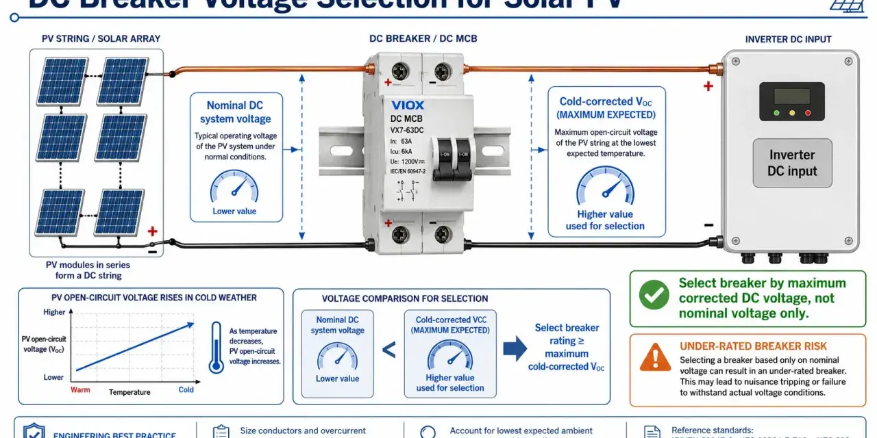 Schemat instalacji PV z widocznym rozłącznikiem DC MCB. Wyjaśnia dobór zabezpieczenia do napięcia, uwzględniając zimowe warunki.