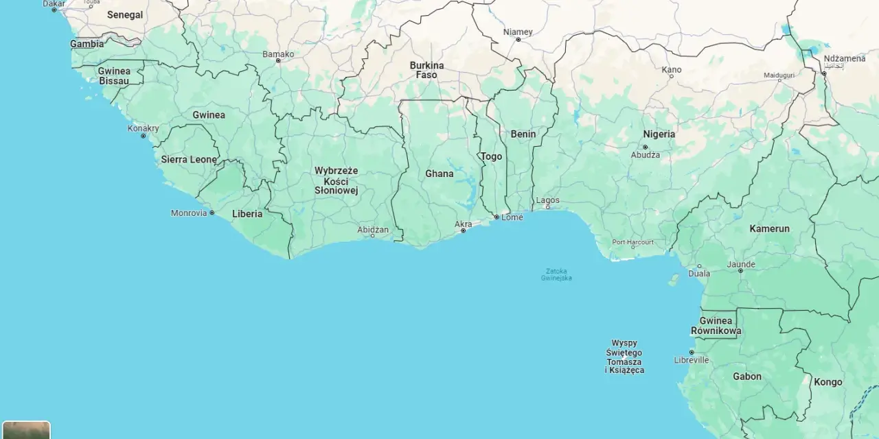 Mapa Afryki Zachodniej. Widoczny jest kraj Benin, położony między Togo a Nigerią, nad Zatoką Gwinejską.