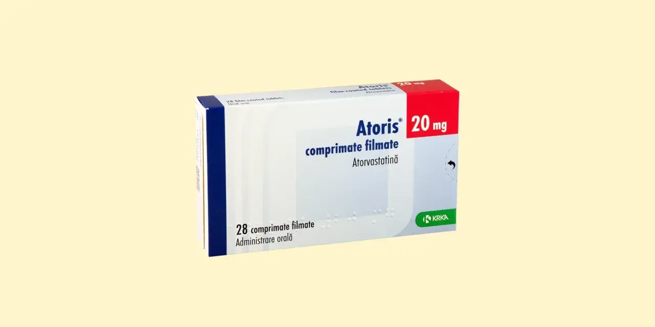 Pudełko leku Atoris 20 mg, zawierające 28 tabletek powlekanych do stosowania doustnego.