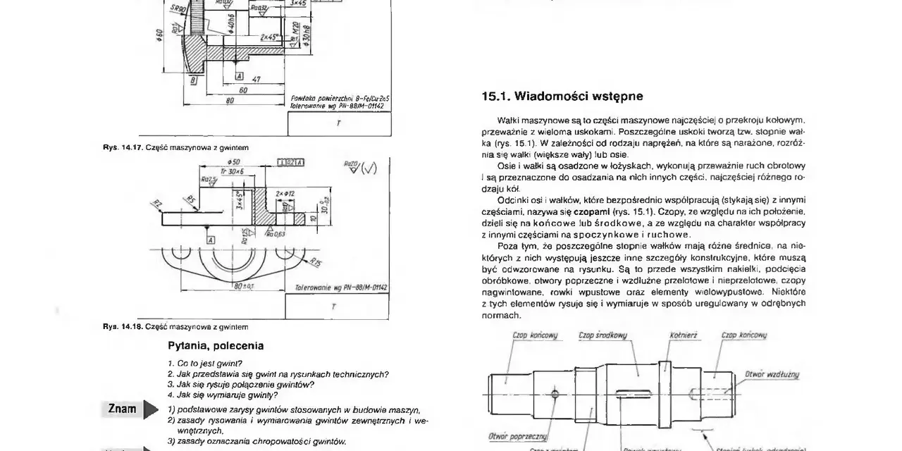 Rysunek techniczny wału z zaznaczonymi wymiarami, tolerancjami i detalami konstrukcyjnymi, takimi jak gwinty i otwory.