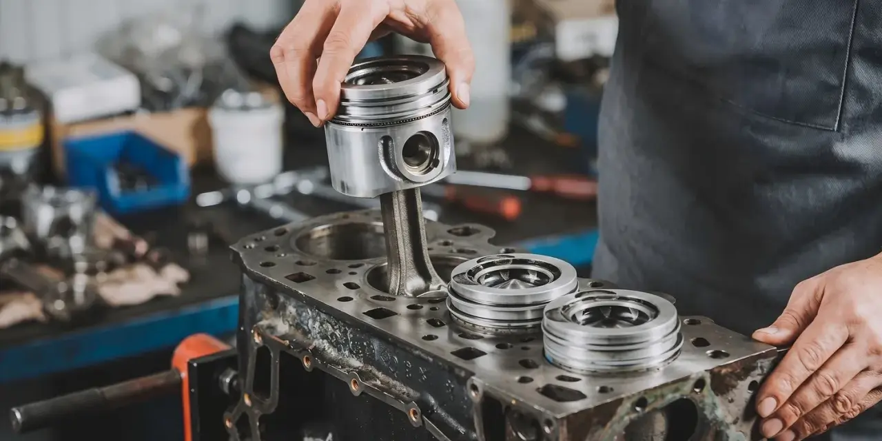 Mechanik montuje tłok do bloku silnika. Na bloku leżą inne tłoki.