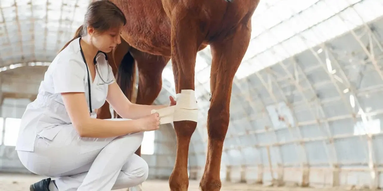 Vétérinaire bandant la jambe d'un cheval après un accident.