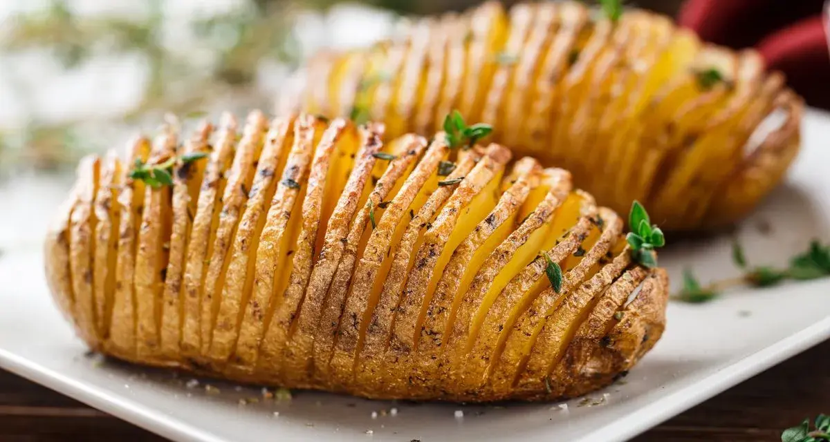 Patate hasselback dorate e croccanti, appena sfornate dalla friggitrice ad aria, guarnite con erbe aromatiche fresche.