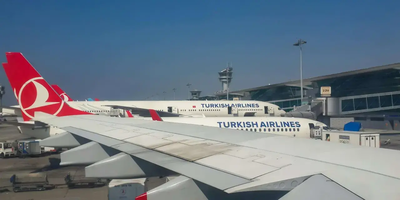 Samoloty Turkish Airlines na płycie lotniska. W tle terminal i wieża kontroli lotów. Czekam na mój bagaż.