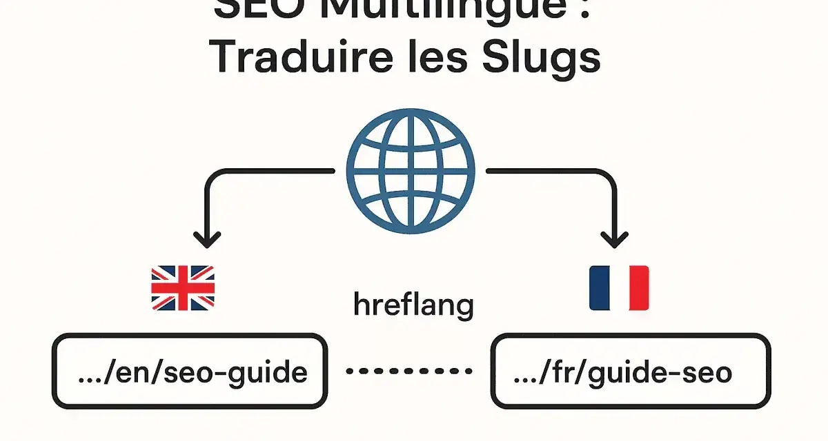 Schéma SEO multilingue : traduction des slugs pour WordPress. Un lien entre l'anglais (.../en/seo-guide) et le français (.../fr/guide-seo) via hreflang.