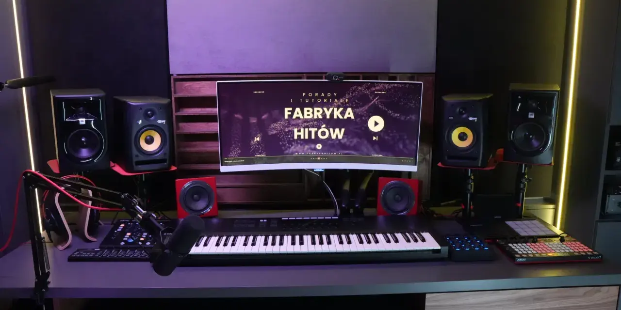 Studio nagraniowe z monitorem "Fabryka Hitów", klawiaturą, mikrofonem i głośnikami. Idealne miejsce dla polskich wytwórni muzycznych.