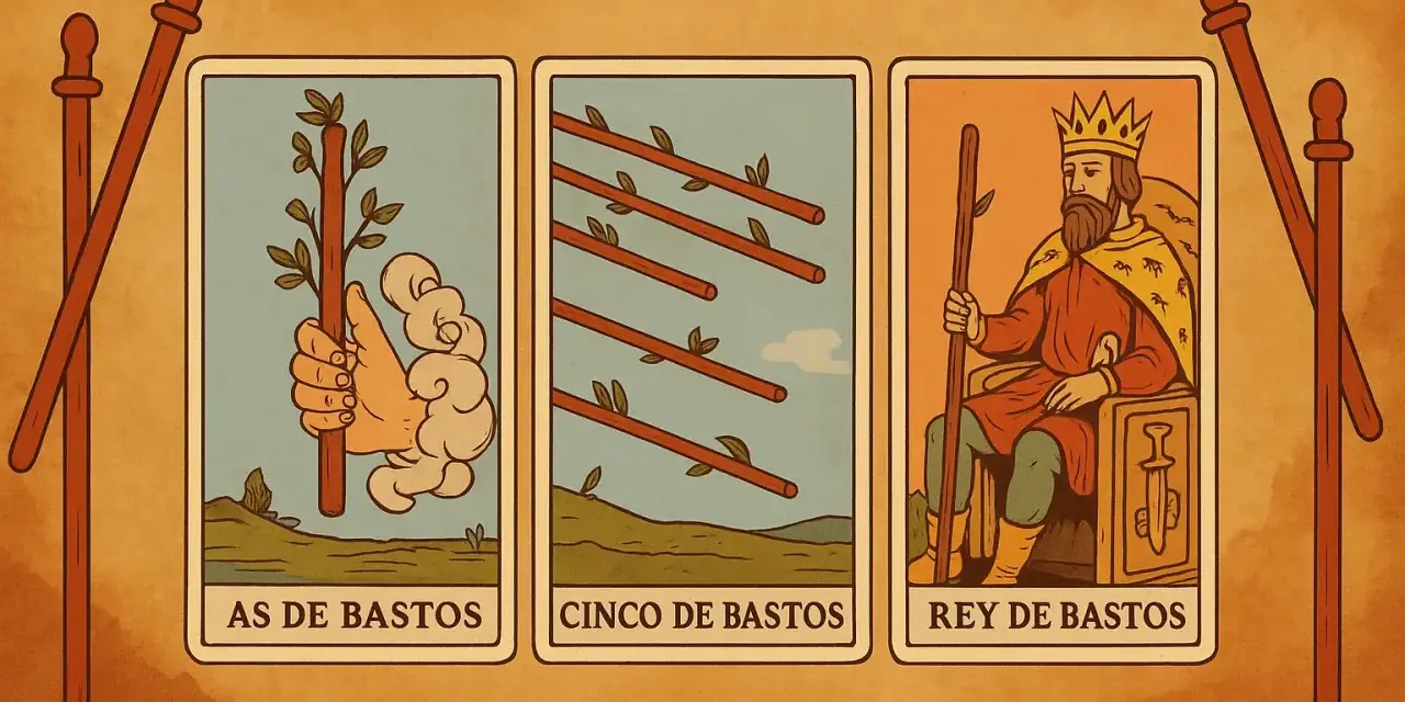 El As de Bastos, Cinco de Bastos y Rey de Bastos en el tarot.