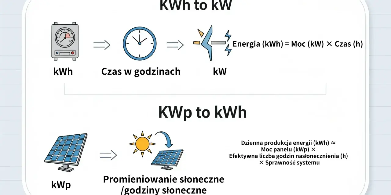 Wyjaśnienie, ile to jeden kw. Schemat pokazuje, jak energia (kWh) powstaje z mocy (kW) i czasu (h), a produkcja energii z paneli fotowoltaicznych zależy od mocy (kWp), godzin słonecznych i sprawności.