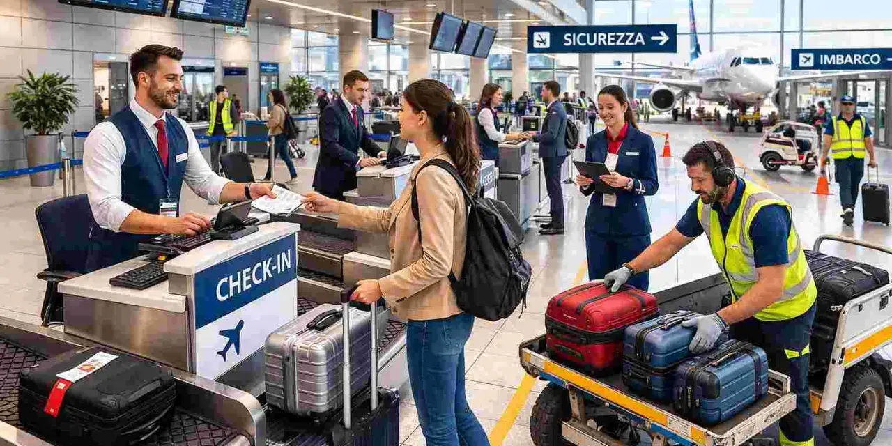 Personale sorridente al check-in, passeggeri con bagagli e addetti che lavorano in aeroporto.