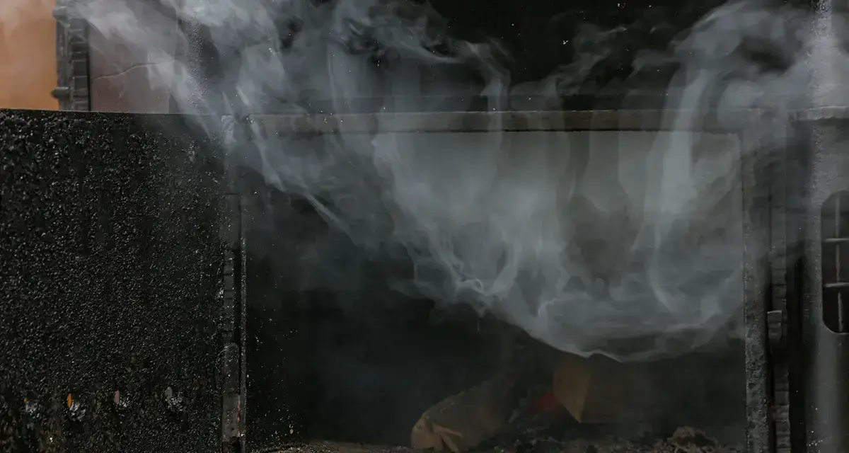 Dentro di un camino, il fuoco brucia legna, ma il fumo denso e bianco si diffonde all'esterno, creando un'atmosfera suggestiva.
