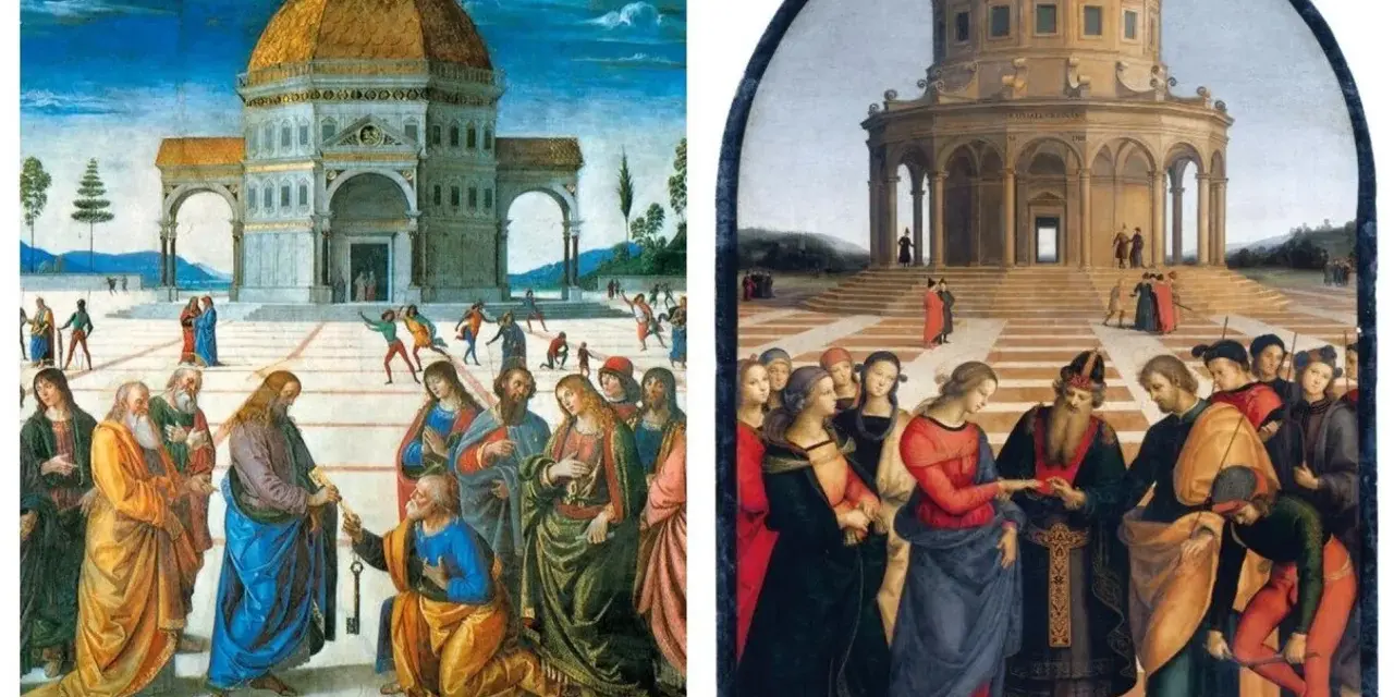 Deux scènes d'une oeuvre de la Renaissance italienne : remise des clés et mariage. Architecture classique, personnages en toges.