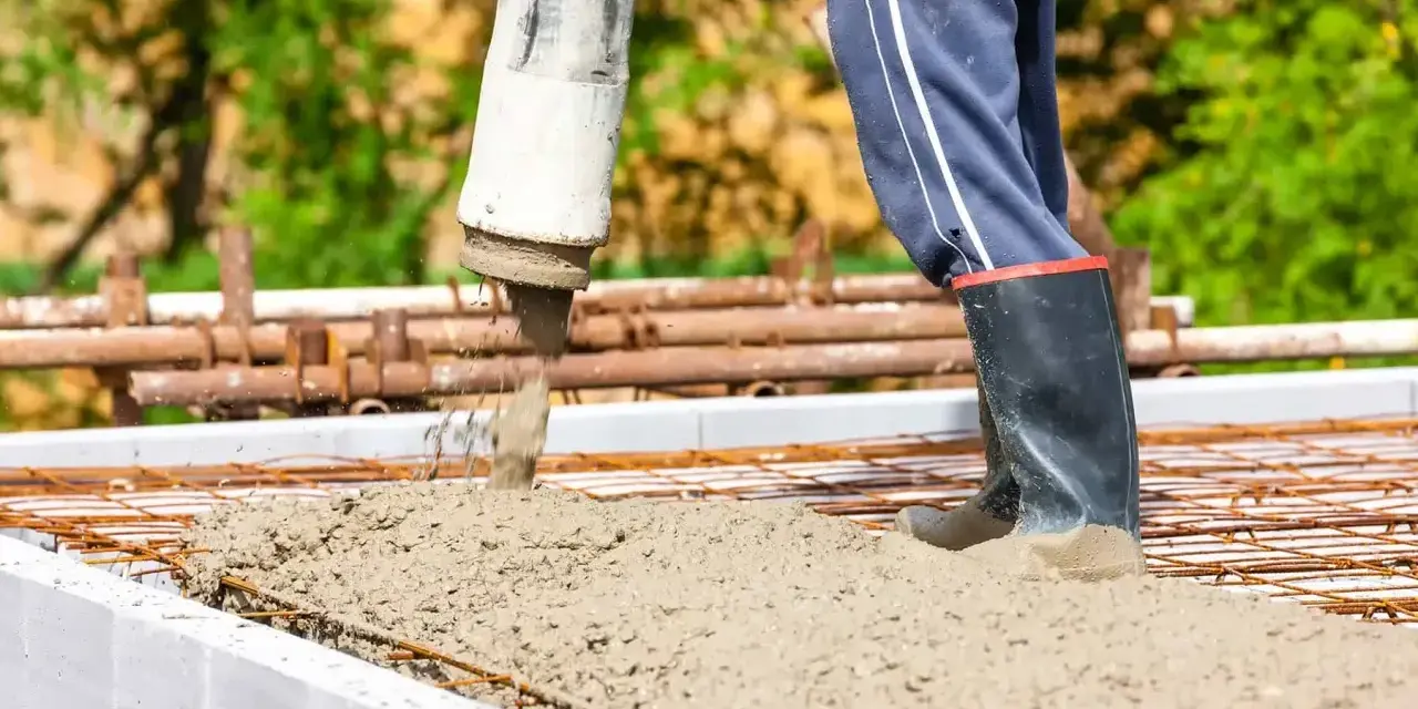 Beton B30 wylewany z pompy na zbrojenie. Pracownik w gumowcach stoi w świeżej masie, pilnując prawidłowych proporcji.