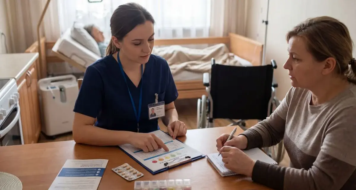 Pielęgniarka paliatywna omawia z pacjentką wyniki badań. W tle łóżko szpitalne i wózek inwalidzki.