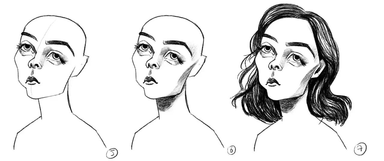 Caricature exemple : trois étapes d'un dessin au trait d'un visage féminin aux grands yeux, d'abord chauve puis avec des cheveux ondulés.